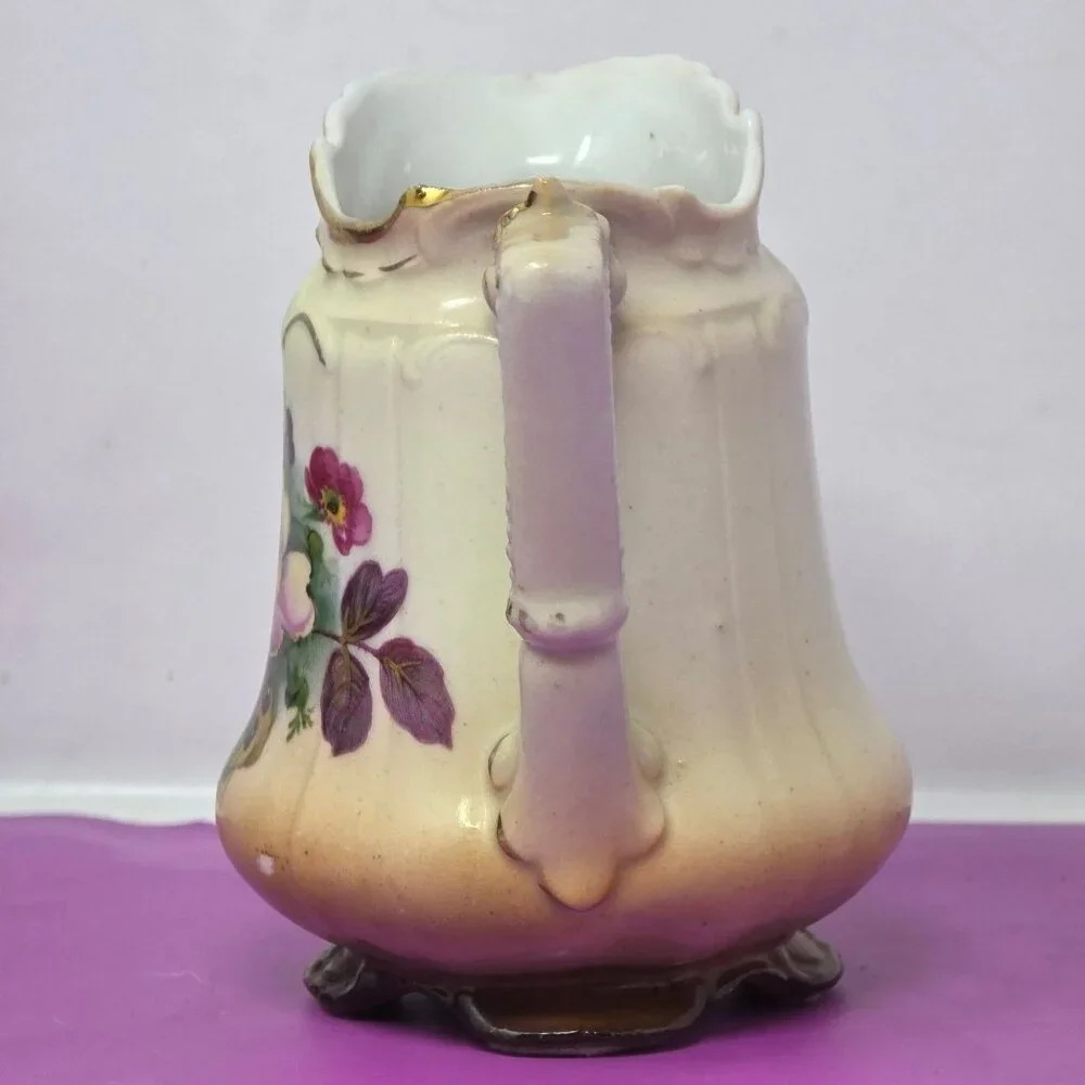 Antique Austrian‎ Floral Ceramic Creamer With Gold Trim & Scalloped Rim